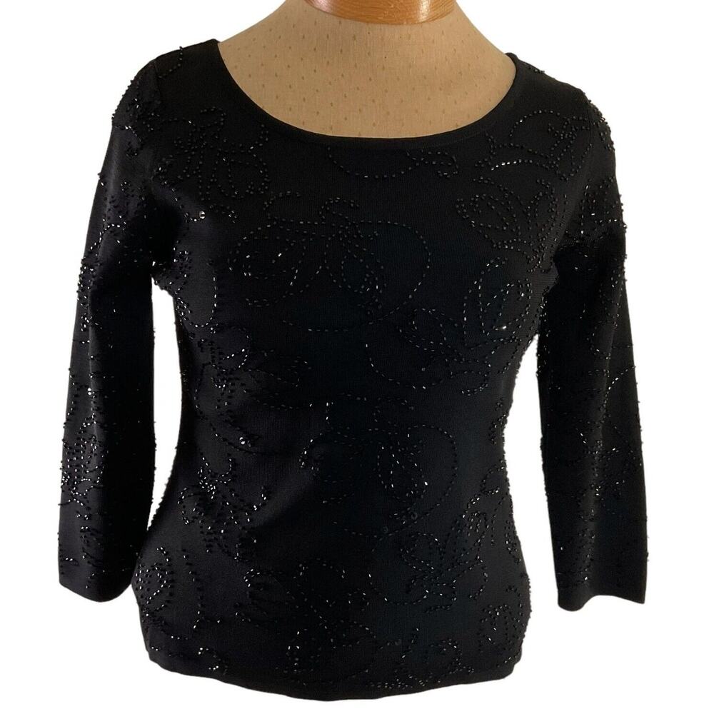 Sandra Darren Women's Medium Black Beaded Top 3/4 Sleeves Evening Wear‎